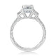 Side view of a 14K white gold three-stone engagement ring setting with a pave diamond band