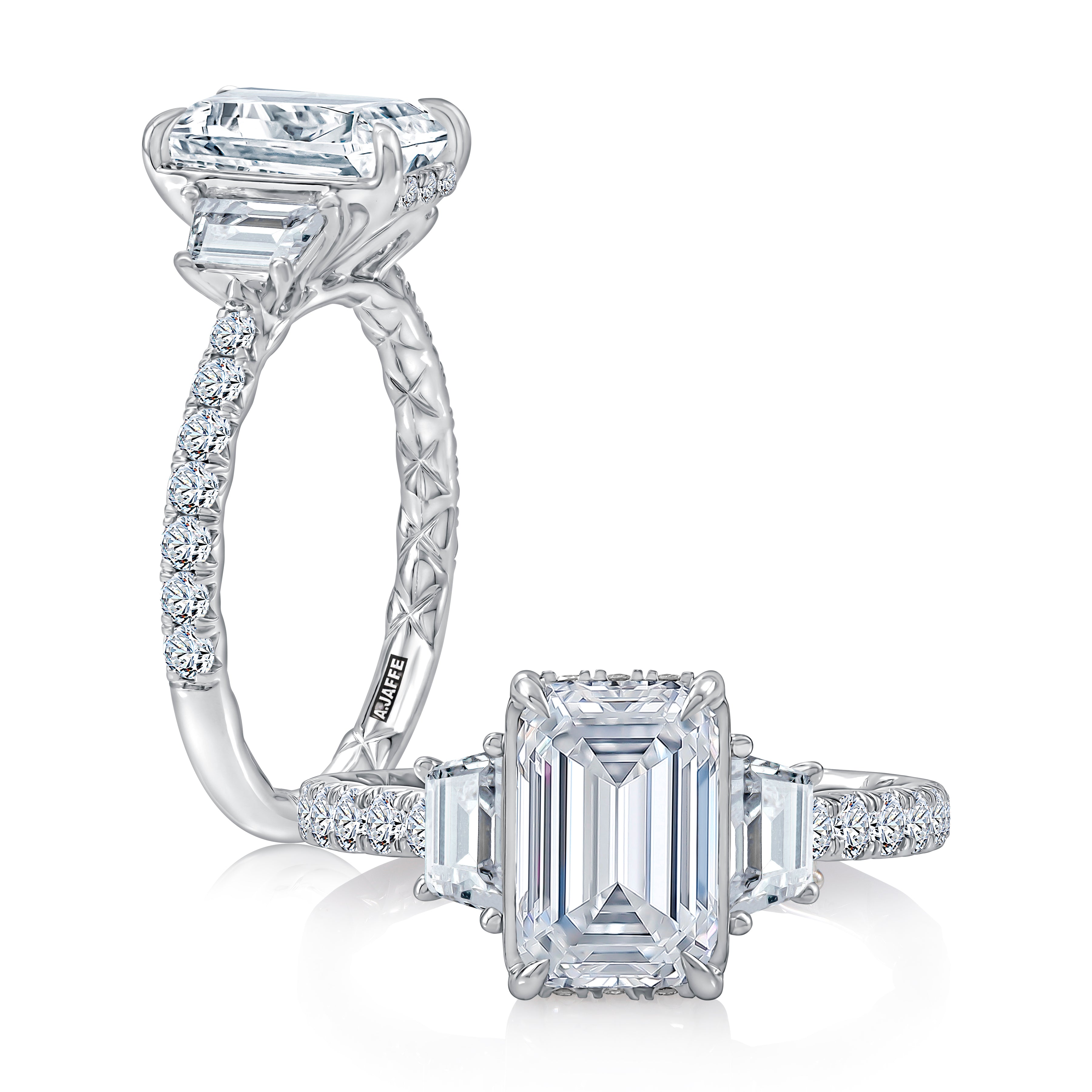 14K white gold emerald three-stone engagement ring setting with a pave diamond band, shown standing and lying flat