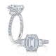 14K white gold emerald three-stone engagement ring setting with a pave diamond band, shown standing and lying flat