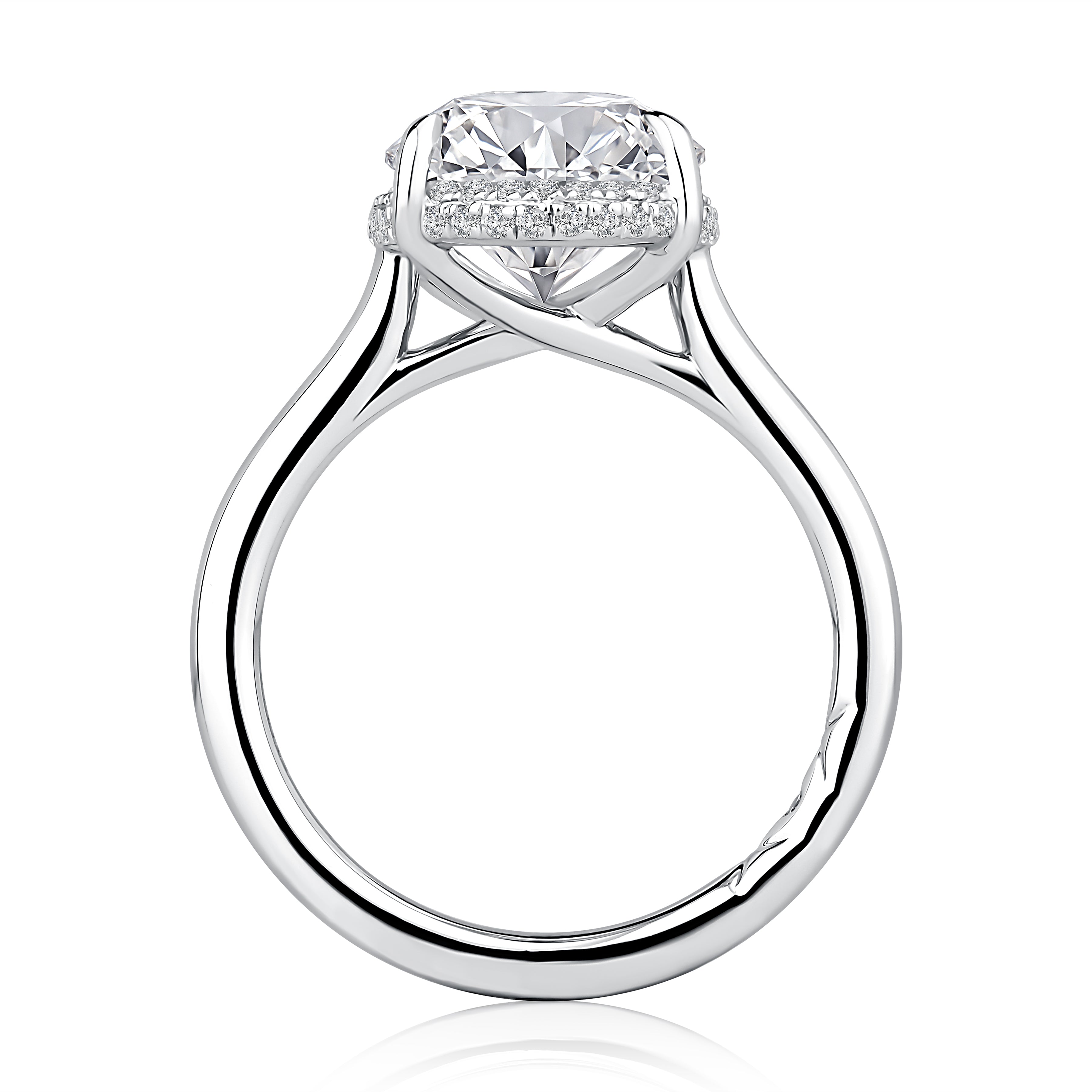 Side view of a 14K white gold oval halo engagement ring setting