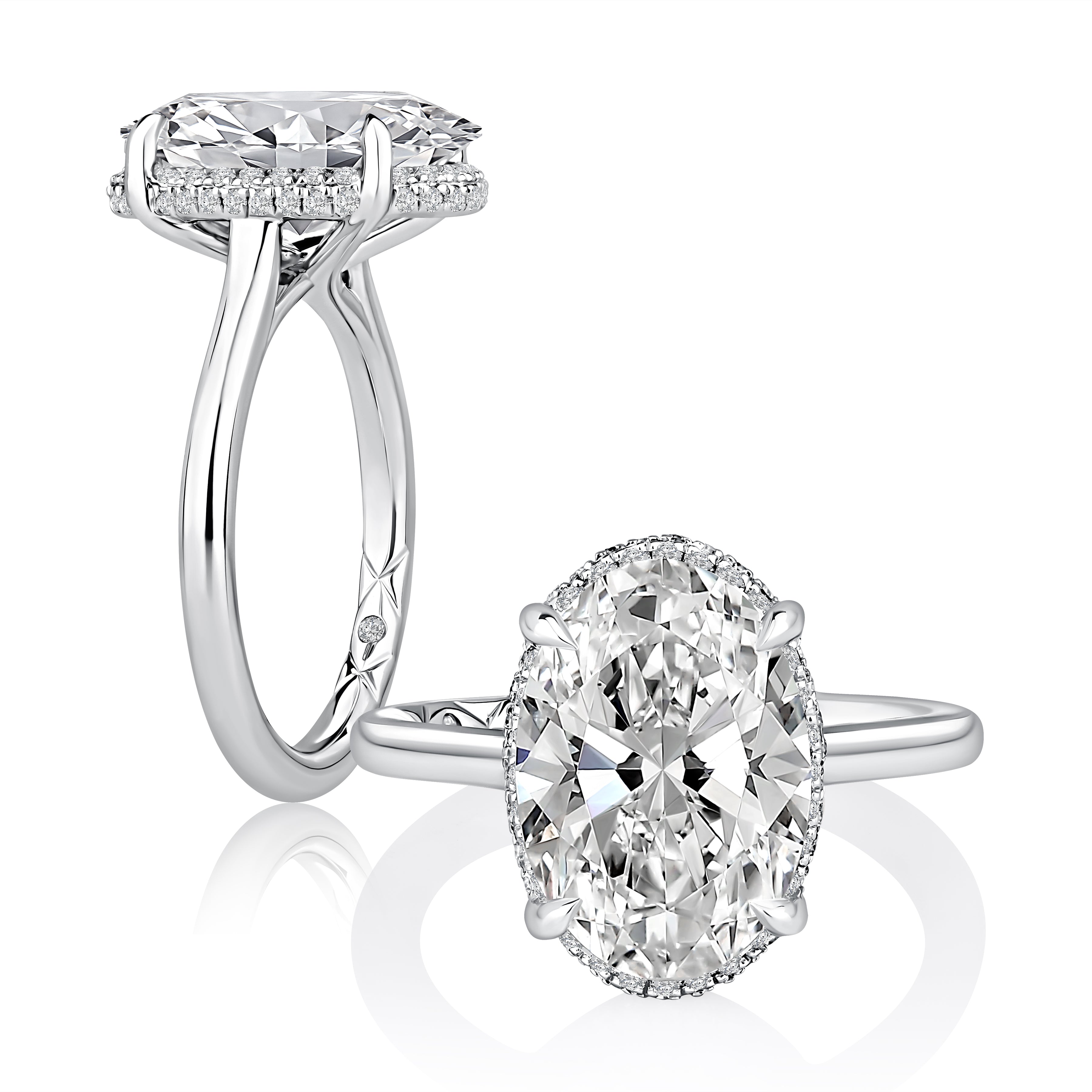 14K white gold oval halo engagement ring setting, shown standing and lying flat