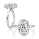 14K white gold oval halo engagement ring setting, shown standing and lying flat