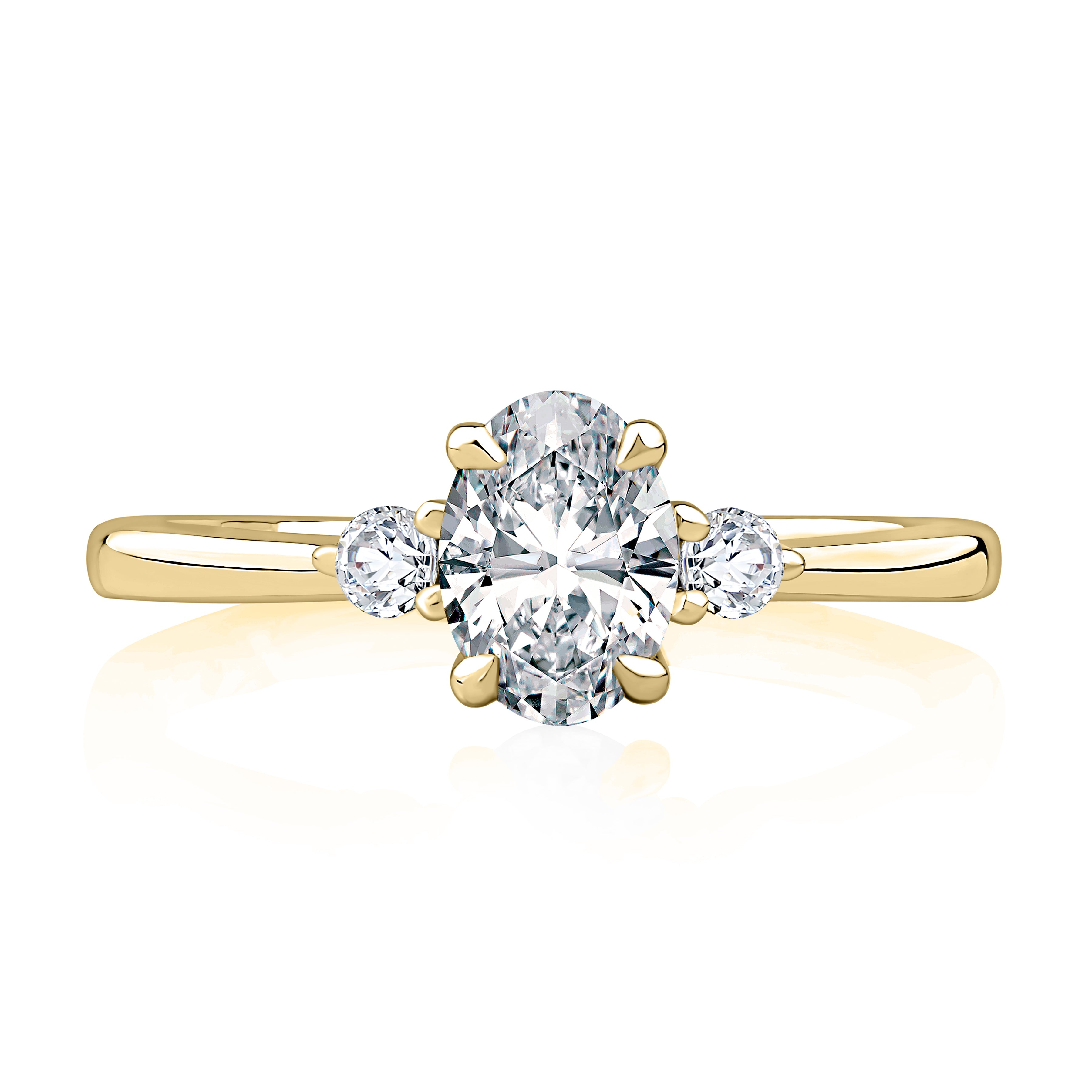 Top view of a 14K yellow gold three-stone engagement ring with an oval center diamond