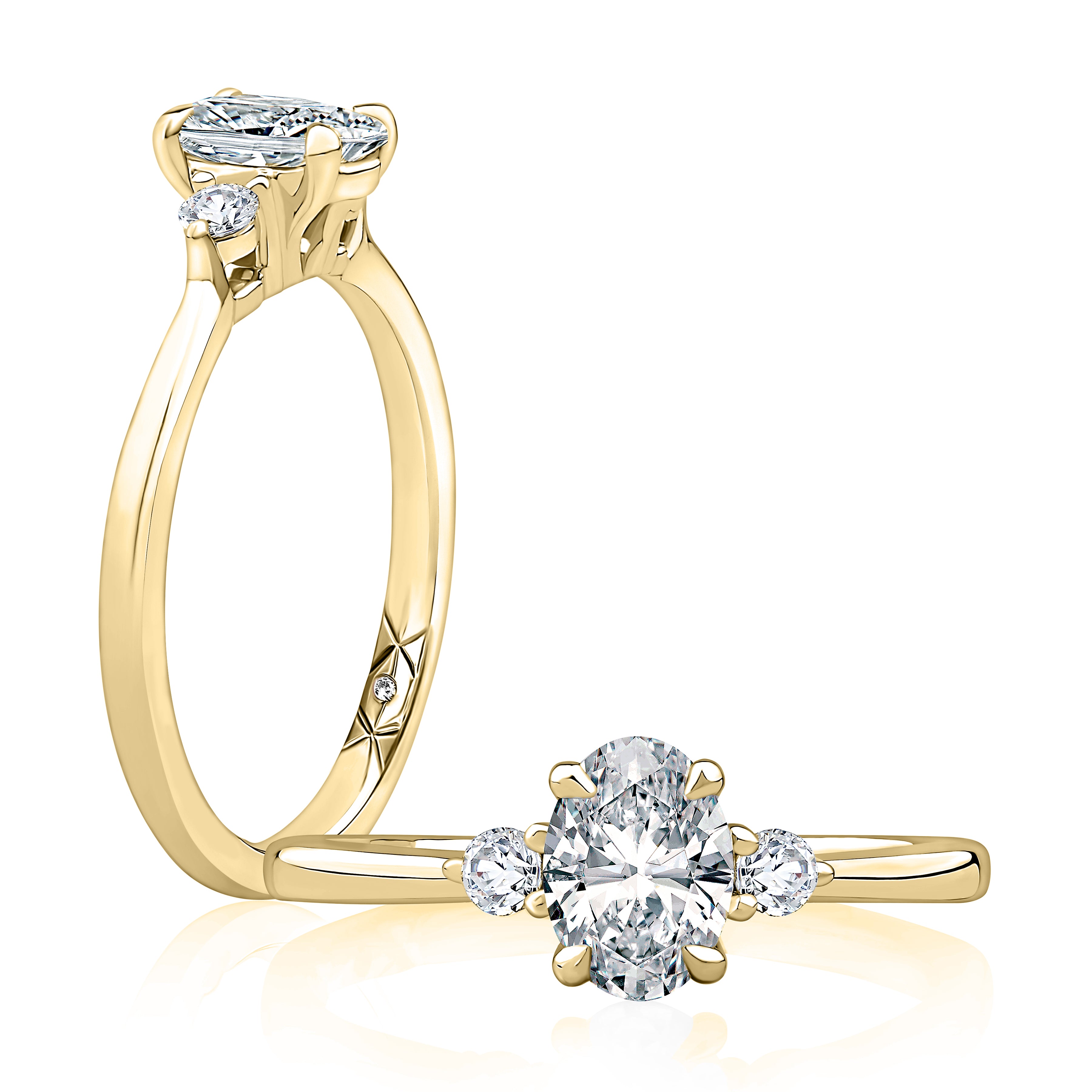 14K yellow gold three-stone engagement ring setting with an oval center diamond, shown standing and lying flat