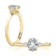 14K yellow gold three-stone engagement ring setting with an oval center diamond, shown standing and lying flat