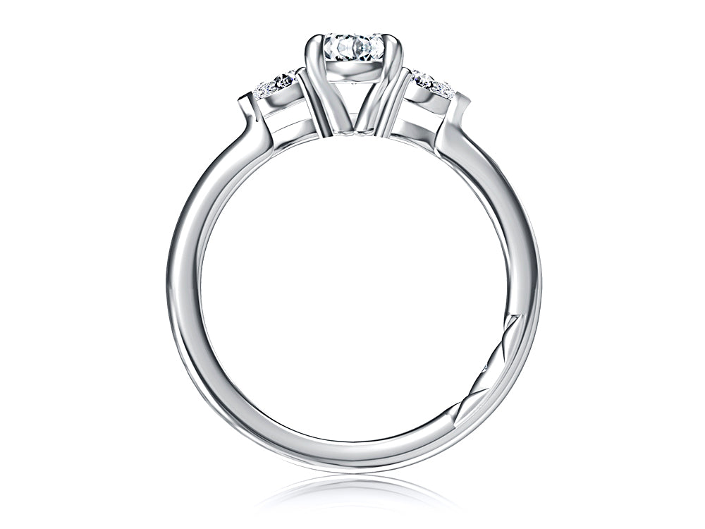 Side view of a 14K white gold three-stone engagement ring setting