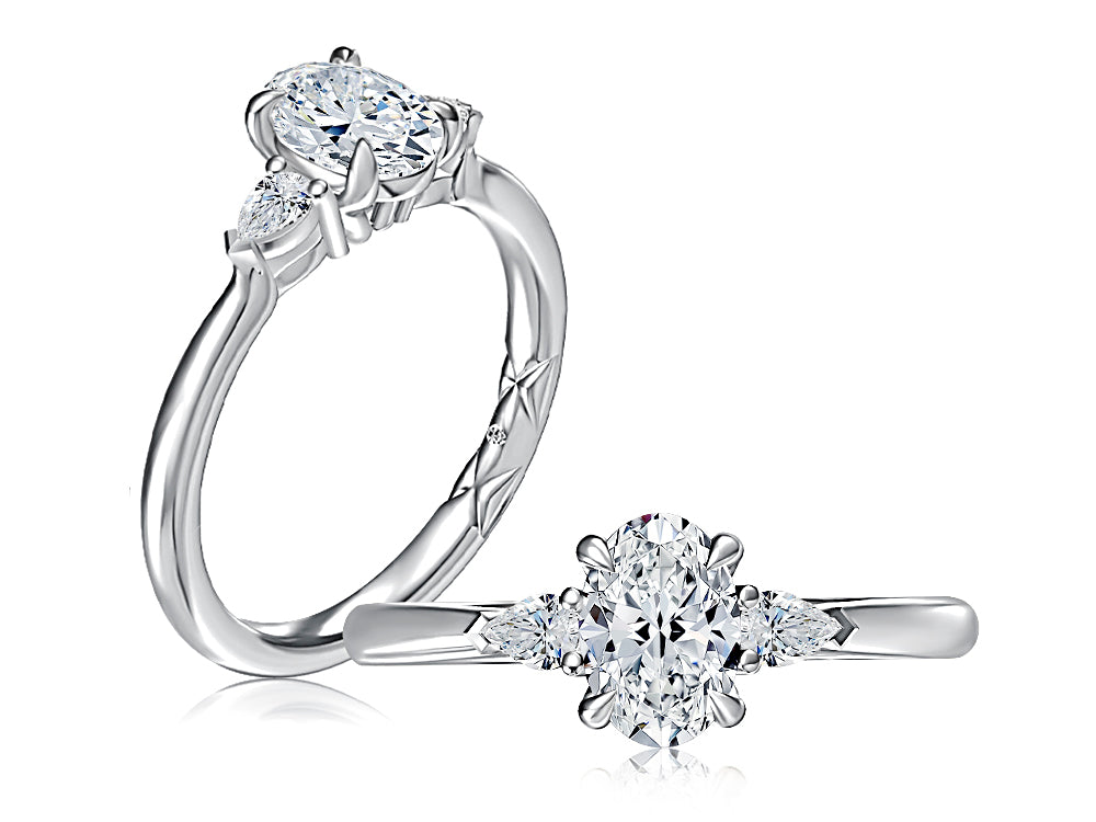 14K white gold three-stone engagement ring setting with an oval center diamond, shown standing and lying flat