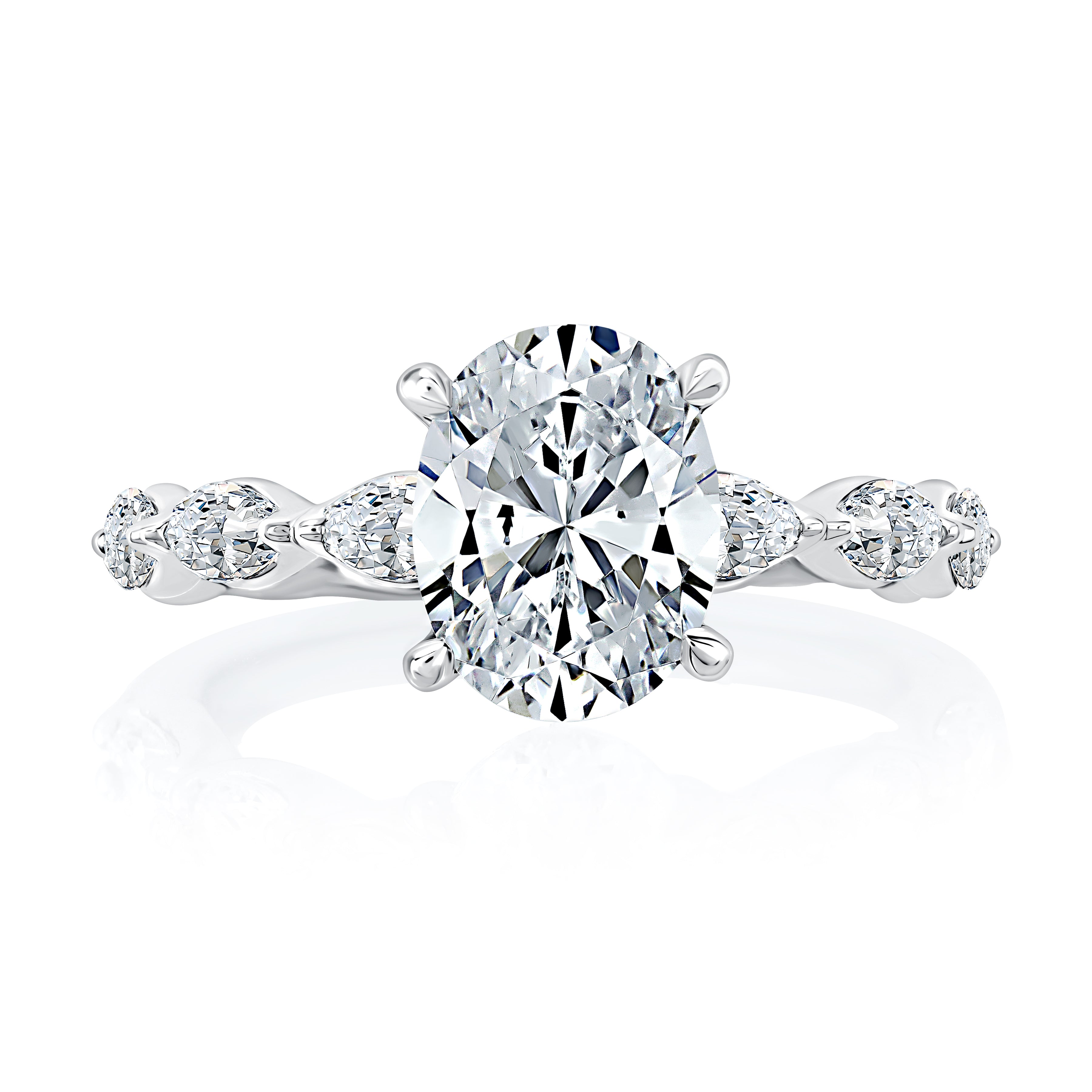 Top view of a 14K white gold engagement ring setting with an oval center diamond