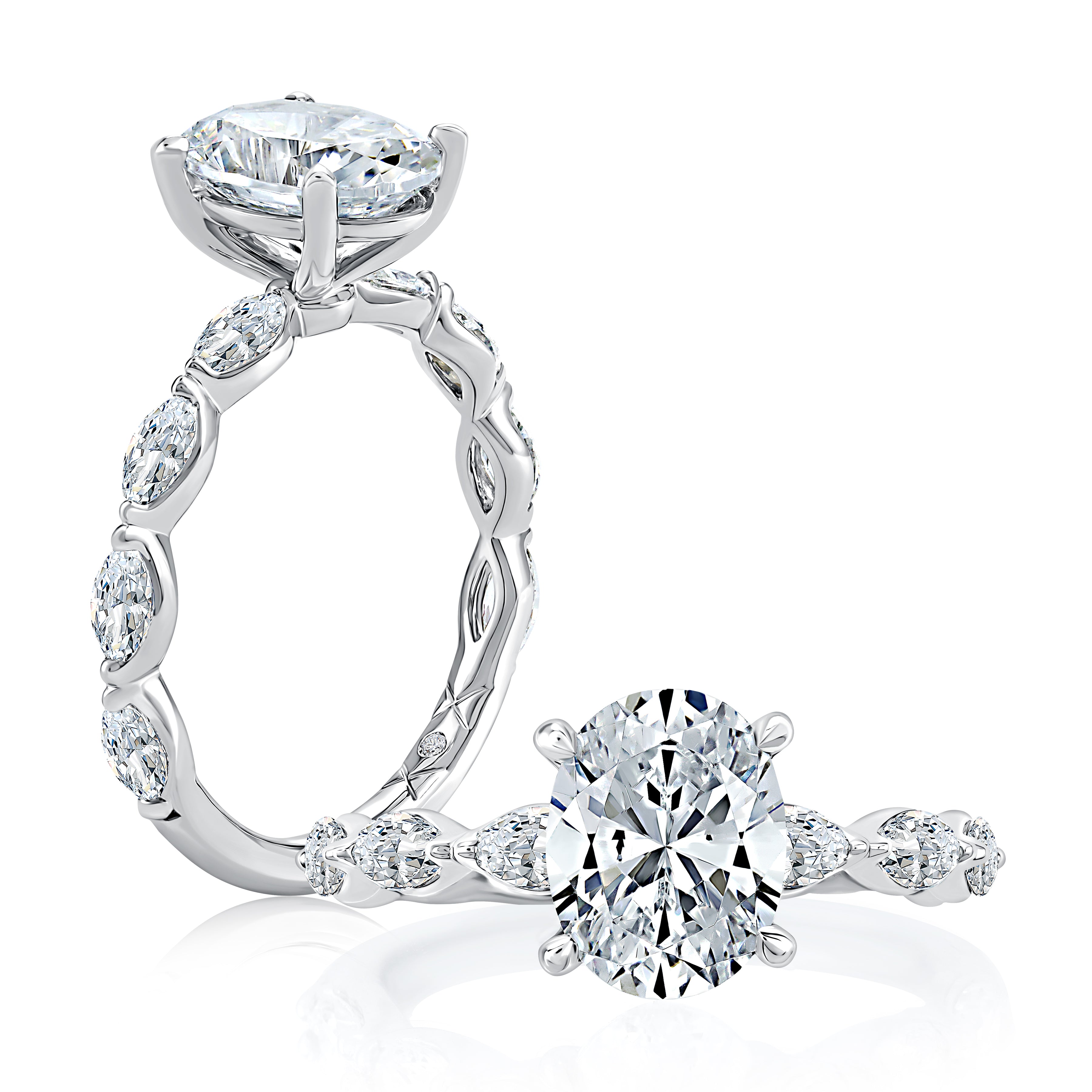 14K white gold oval engagement ring setting with marquise diamonds along the band, shown standing and lying flat