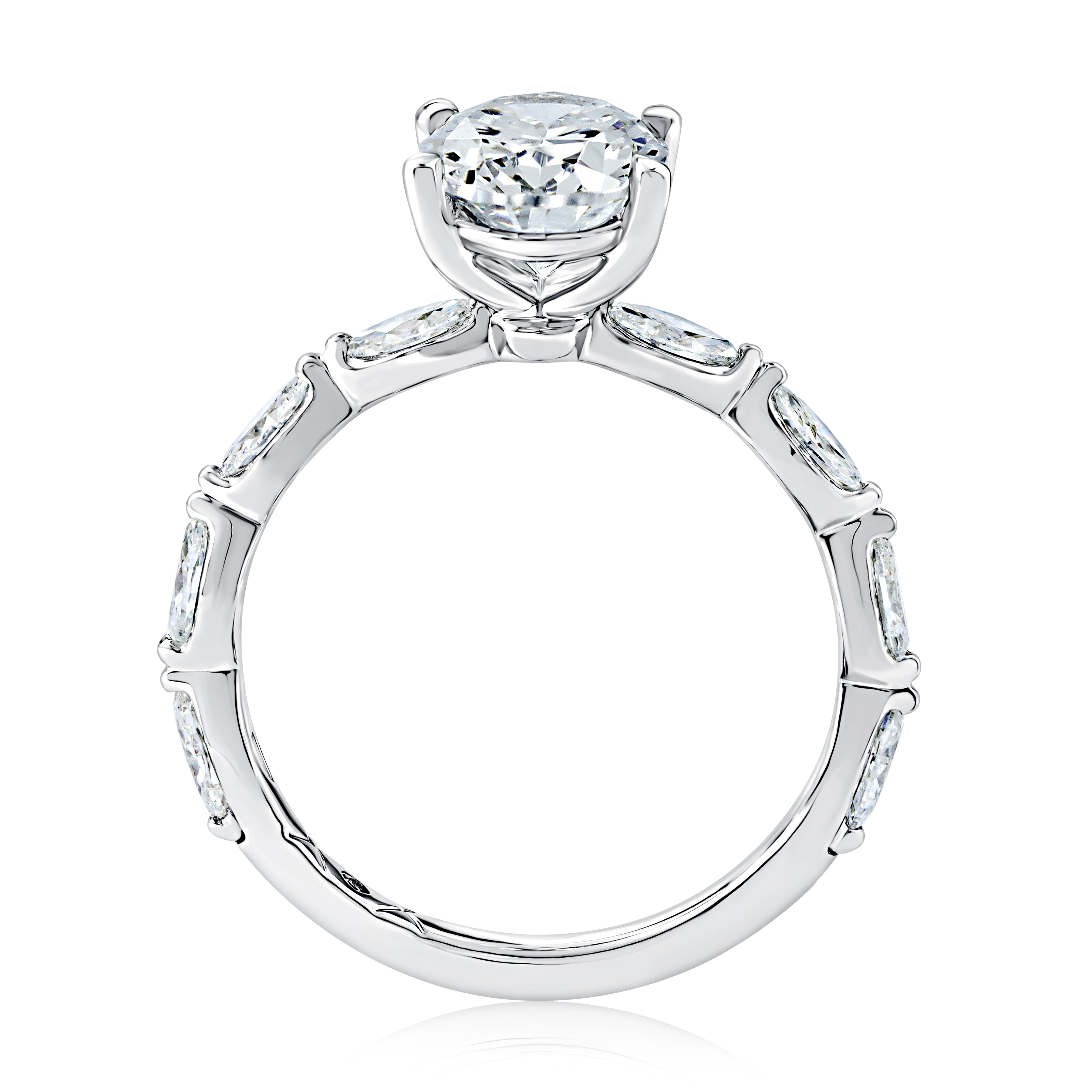 Side view of a 14K white gold engagement ring setting with a marquise diamond band
