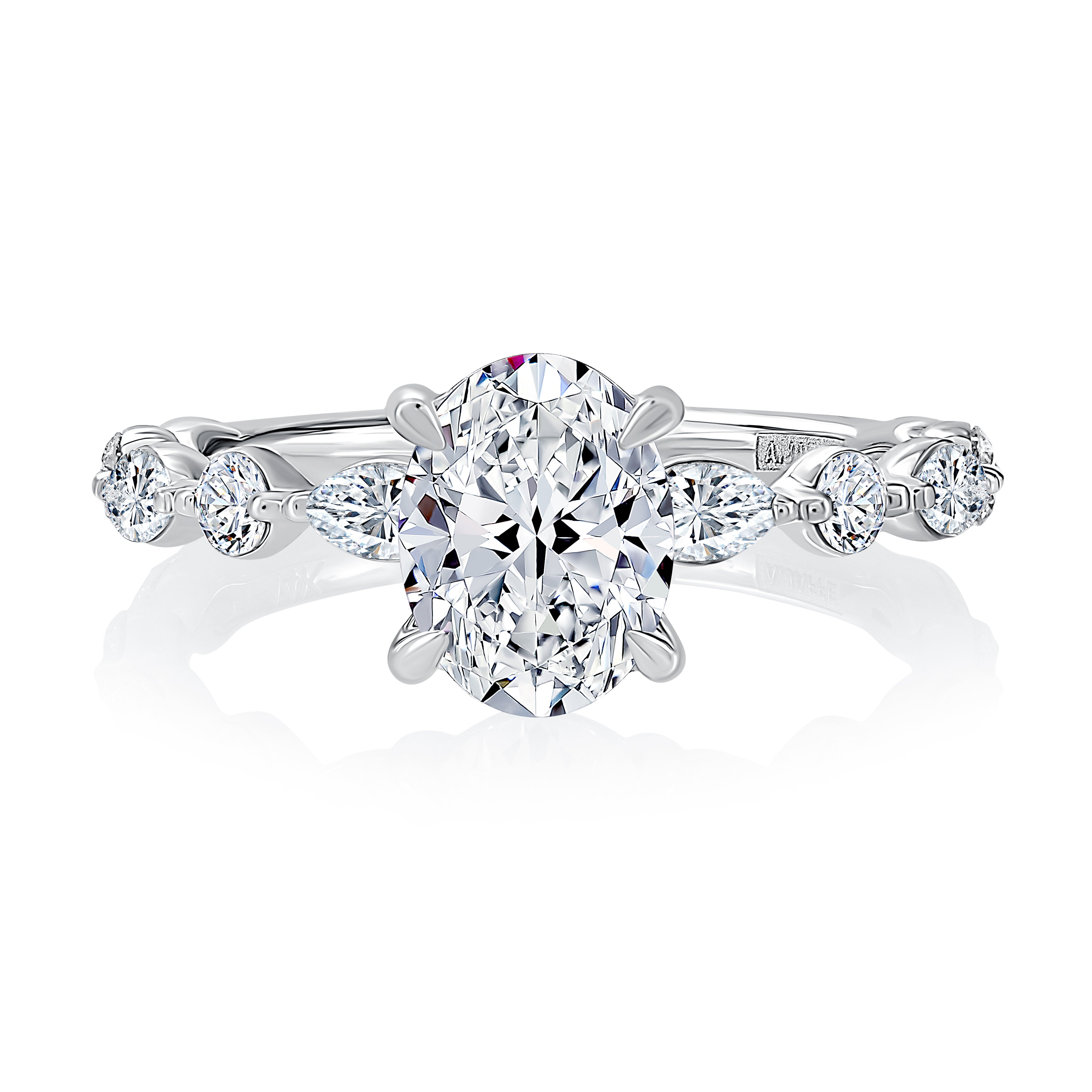 Top view of a 14K white gold engagement ring setting with an oval center diamond