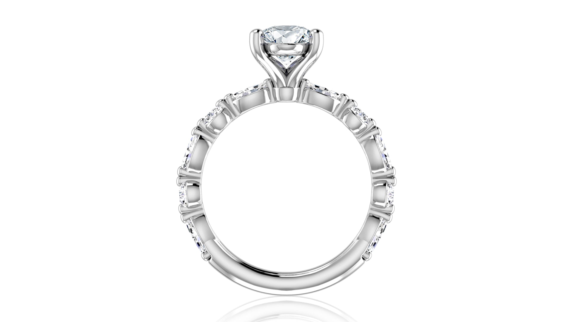 Side view of a 14K white gold engagement ring setting with diamonds along the band