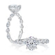14K white gold engagement ring setting with diamonds along the band and an oval center diamond, shown standing and lying flat