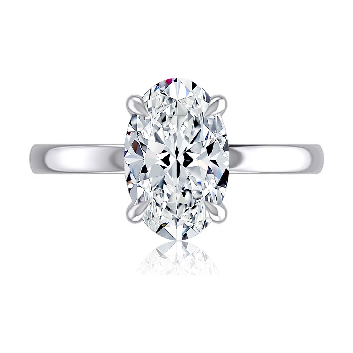 Top view of a 14K white gold hidden halo engagement ring with an oval center diamond