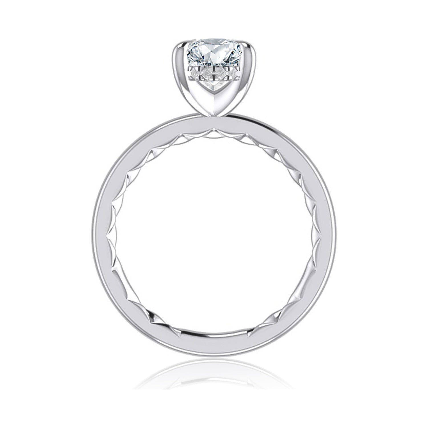 Side view of a 14K white gold engagement ring setting showing the hidden halo beneath the center stone