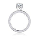 Side view of a 14K white gold engagement ring setting showing the hidden halo beneath the center stone