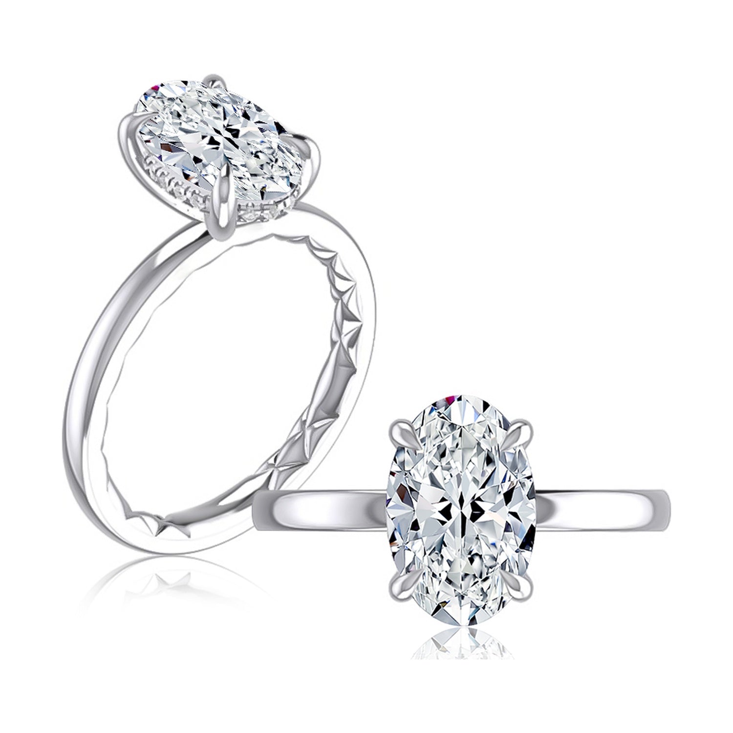 14K white gold hidden halo engagement ring setting with an oval center diamond, shown standing and lying flat