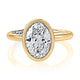 Top view of a 14K yellow gold bezel set engagement ring setting with an oval center diamond