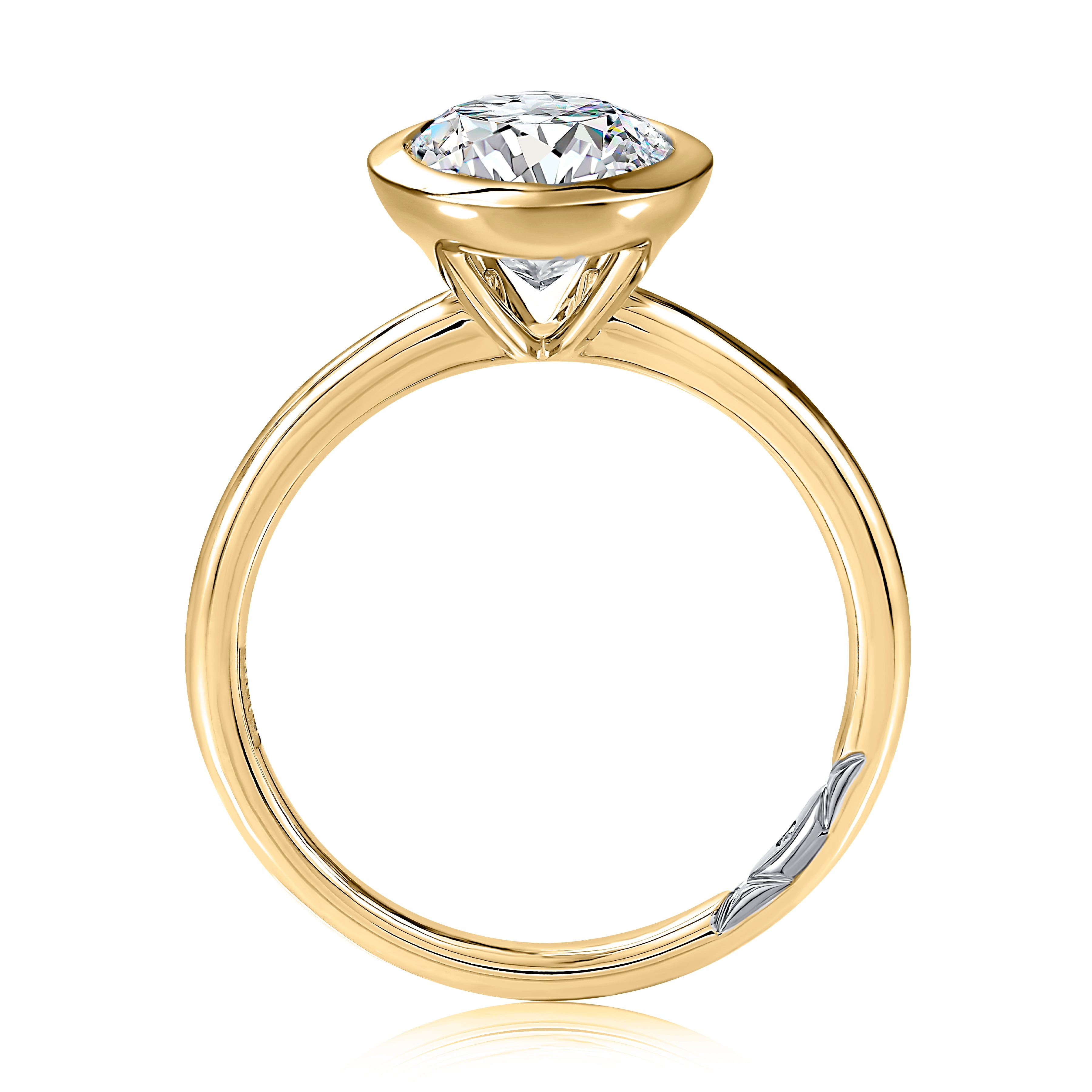 Side view of a 14K yellow gold bezel set oval engagement ring setting