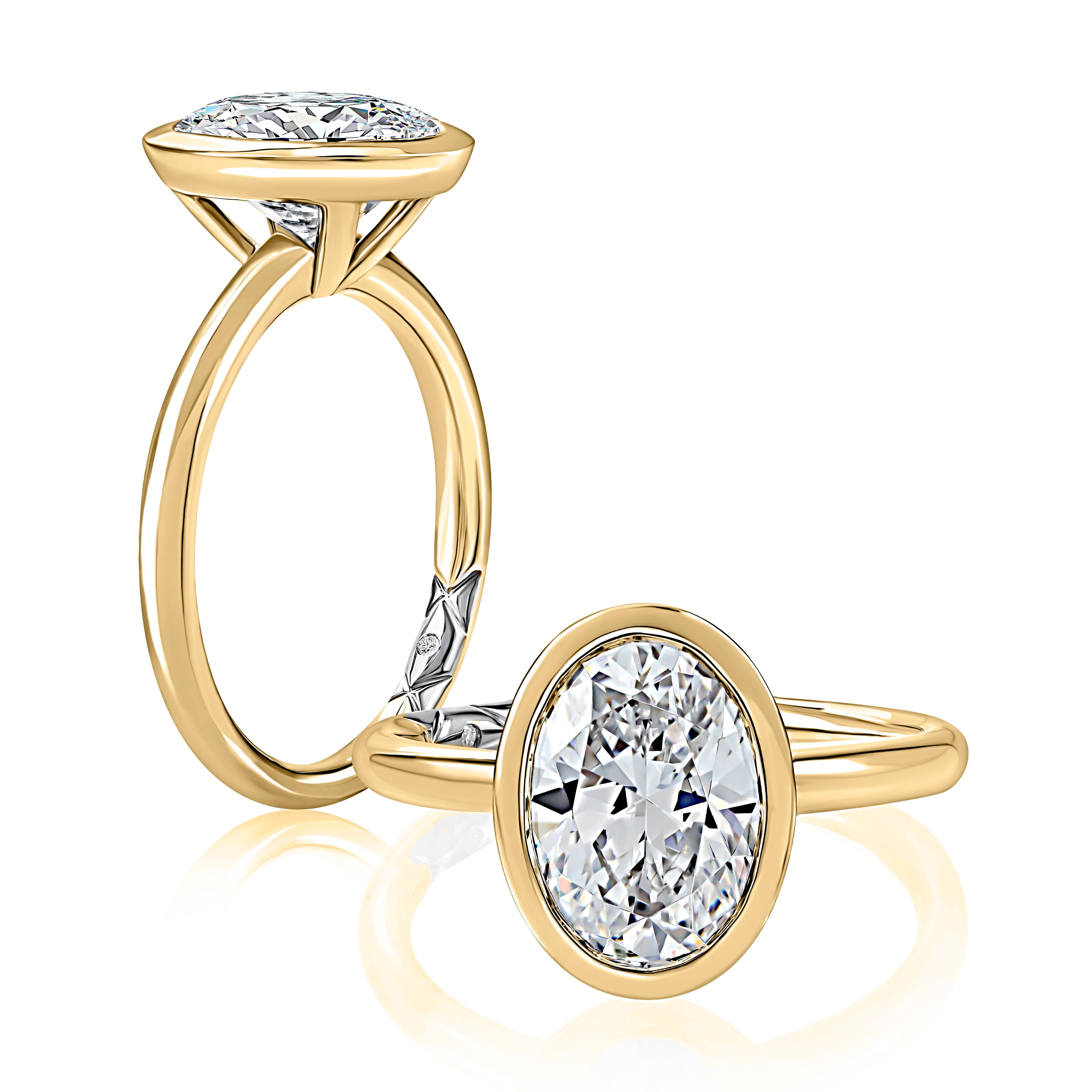14K yellow gold bezel set oval engagement ring setting, shown standing and lying flat