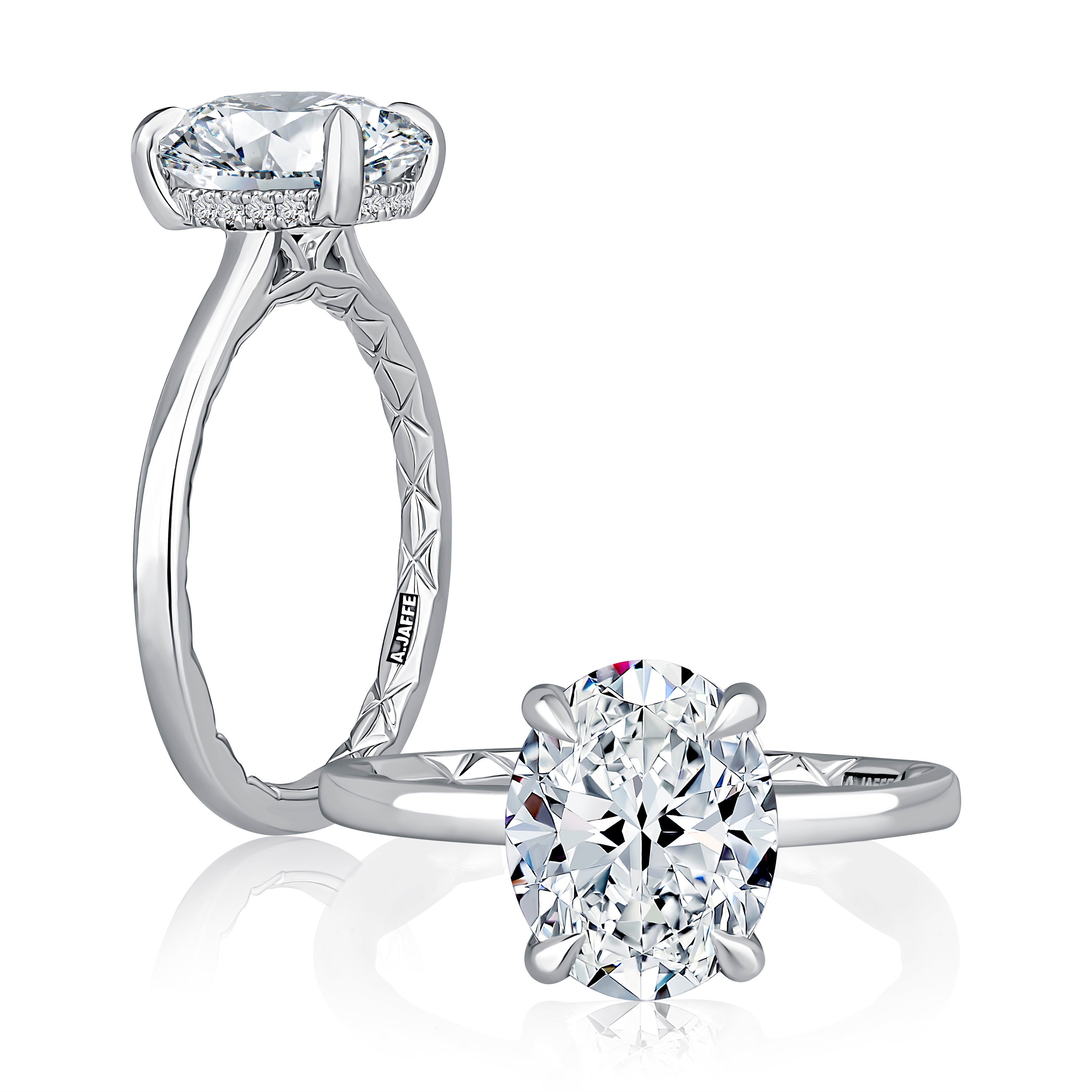 14K white gold hidden halo engagement ring setting with an oval center diamond, shown standing and lying flat