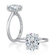 14K white gold hidden halo engagement ring setting with an oval center diamond, shown standing and lying flat
