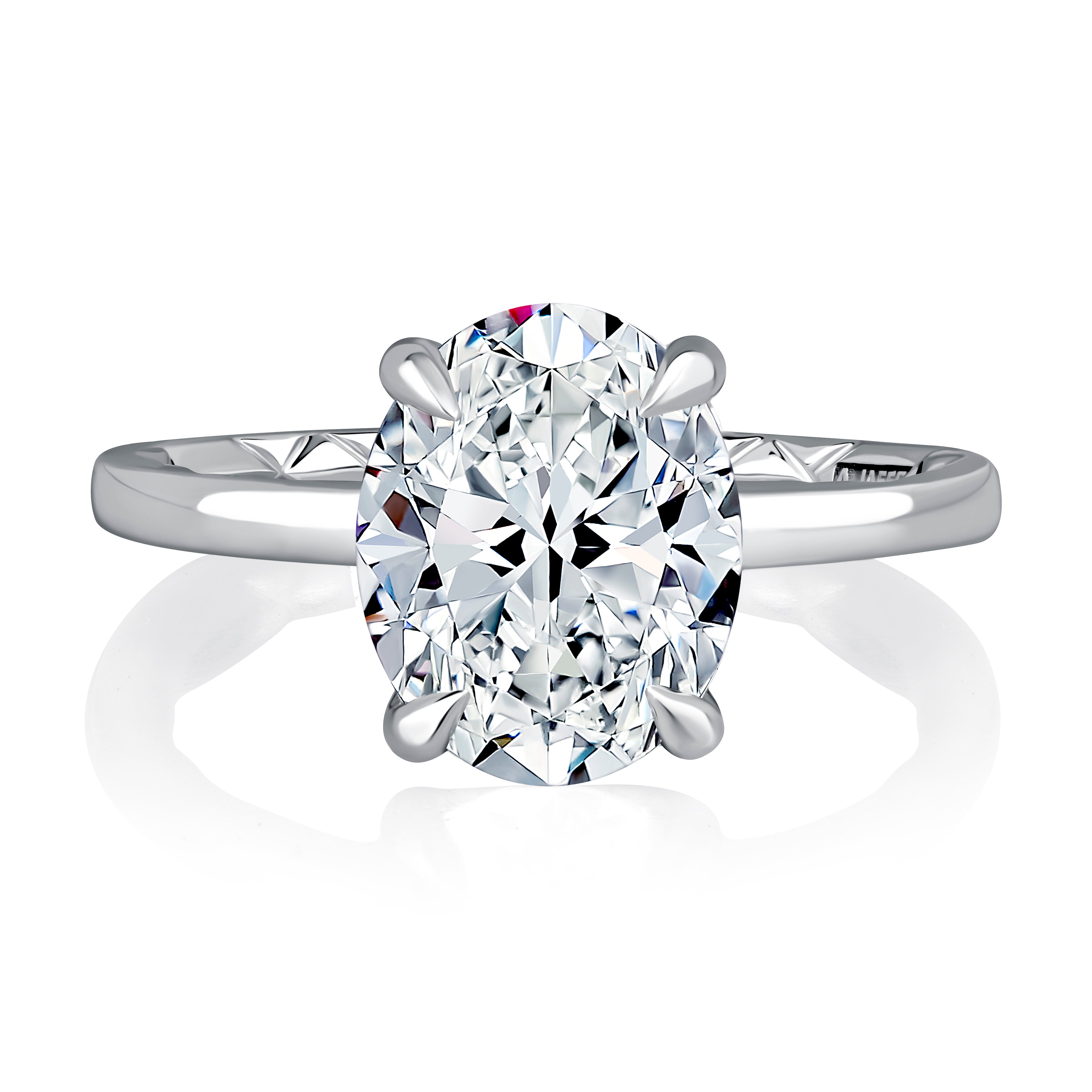 Top view of a 14K white gold four-prong hidden halo engagement ring with an oval center diamond