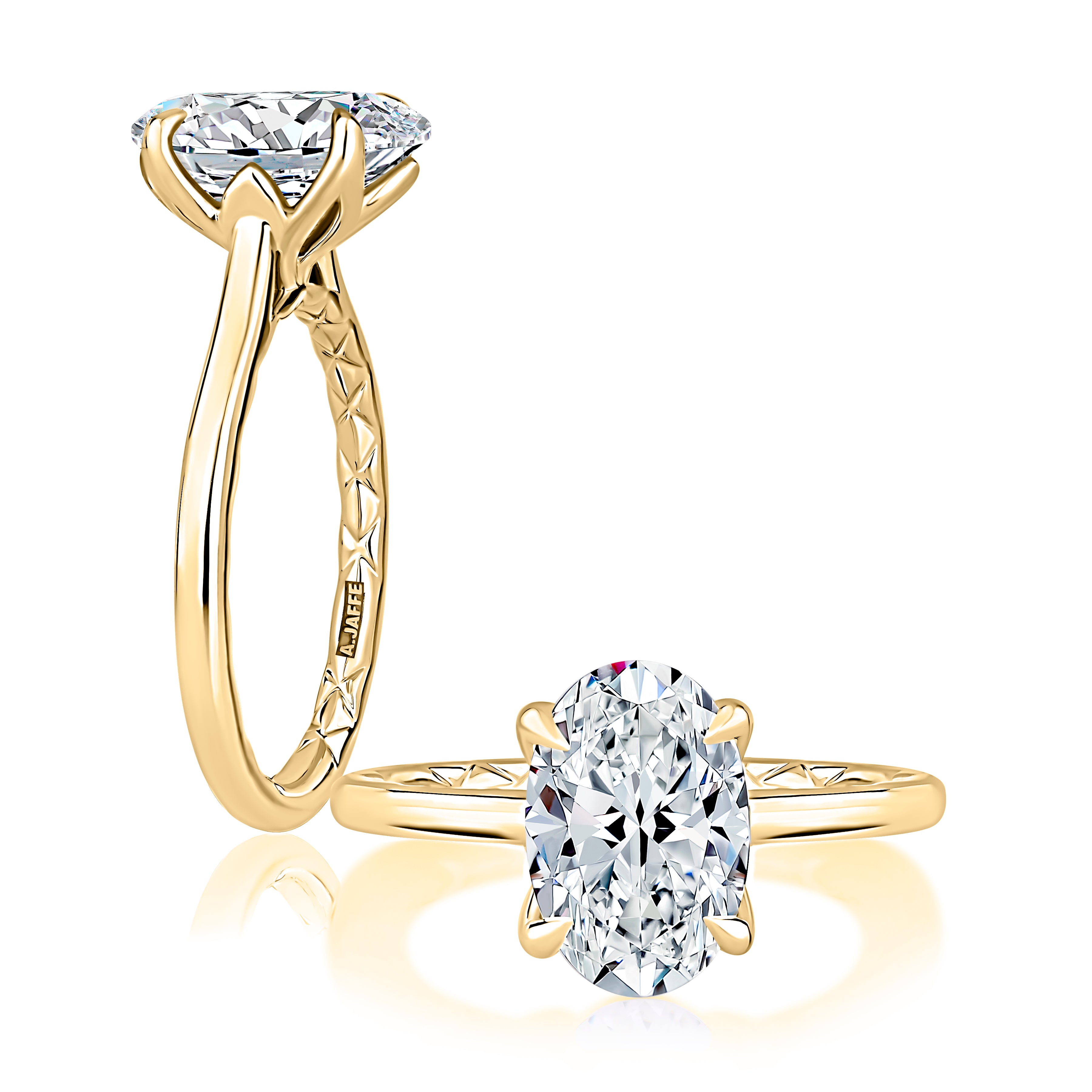 14K yellow gold solitaire engagement ring setting with an oval center diamond, shown standing and lying flat