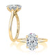 14K yellow gold solitaire engagement ring setting with an oval center diamond, shown standing and lying flat