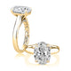 14K yellow gold hidden halo engagement ring setting with an oval center diamond, shown standing and lying flat