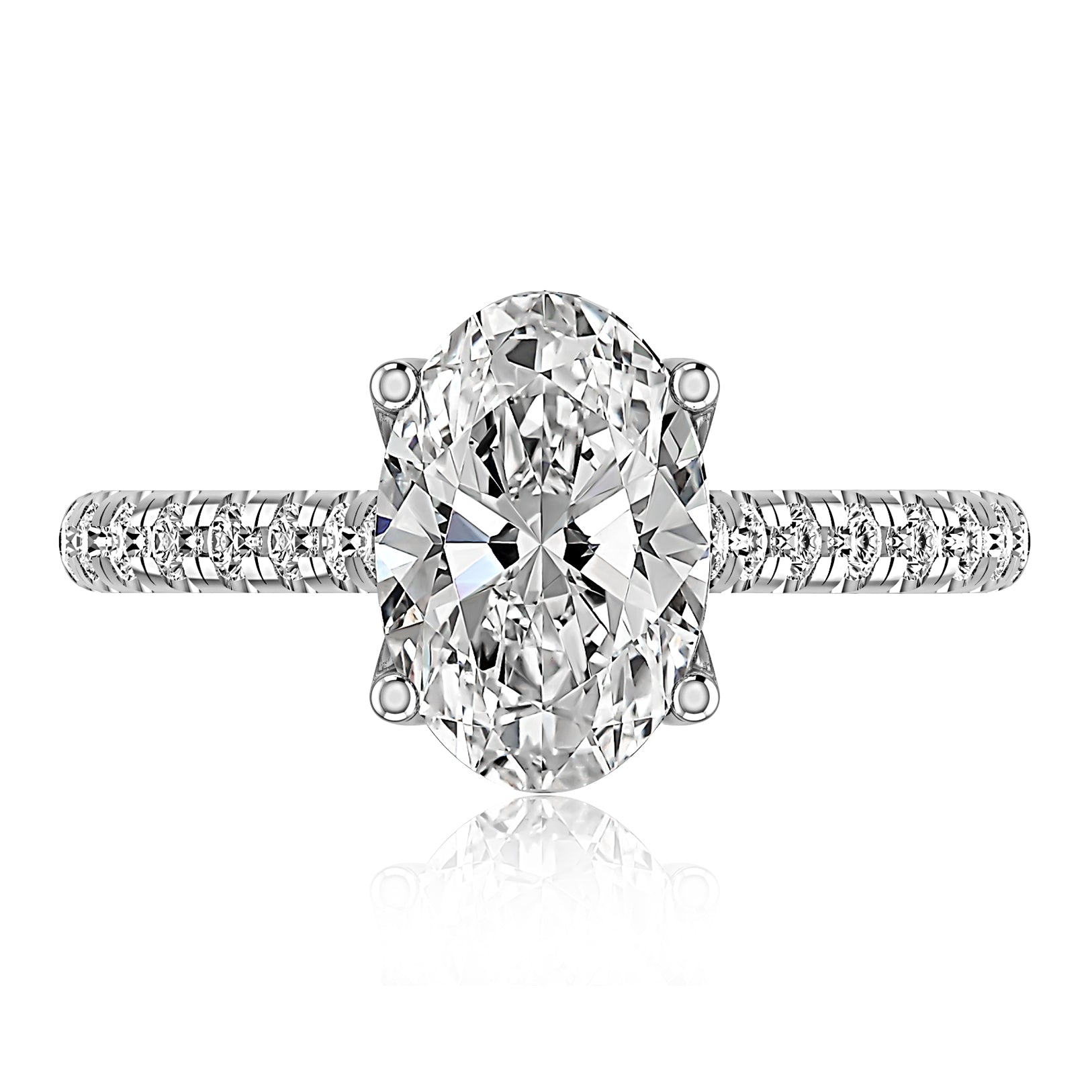 Top view of a 14K white gold engagement ring setting with an oval center diamond