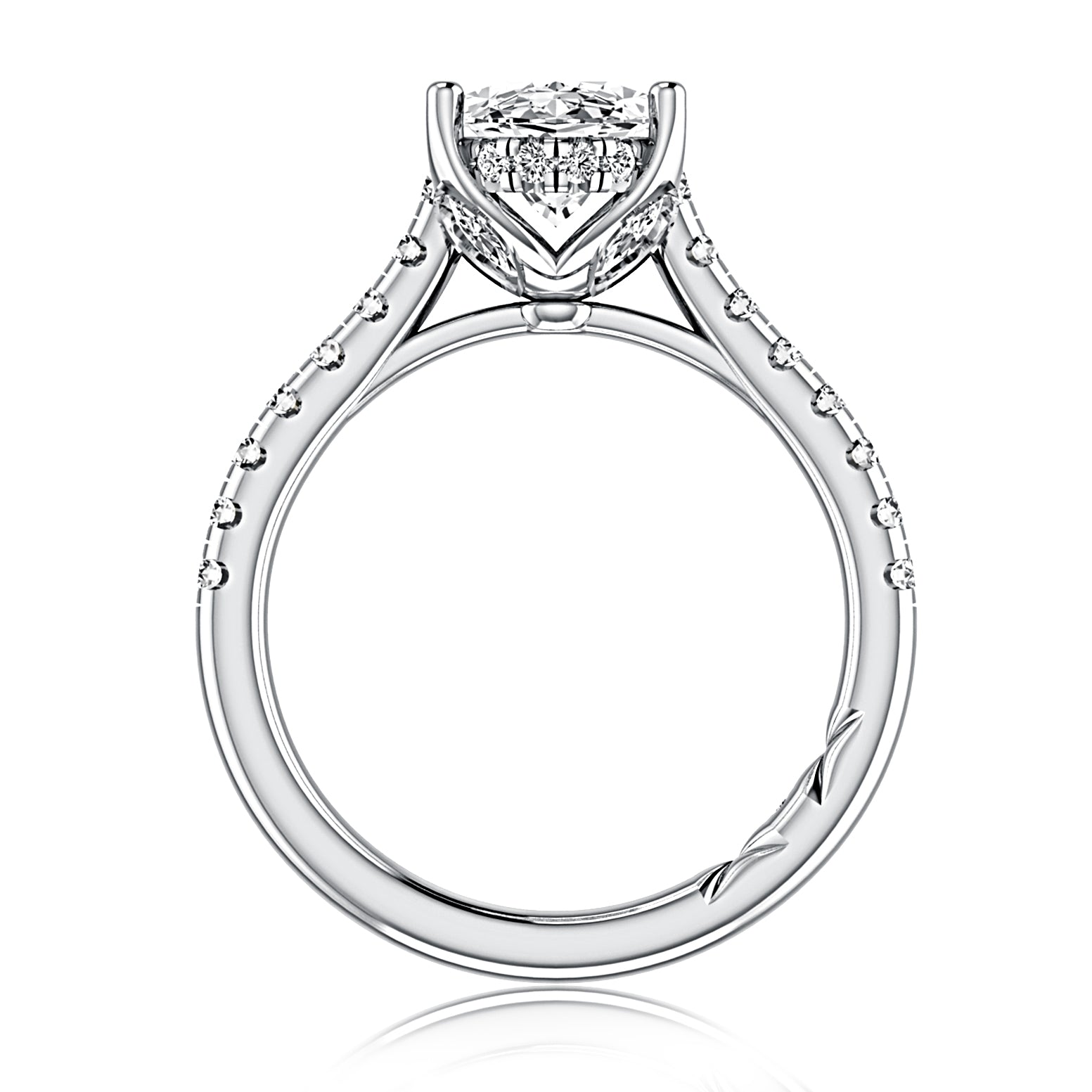 Side view of a 14K white gold oval engagement ring setting with a pave diamond band