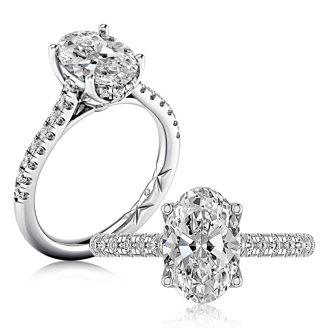 14K white gold oval engagement ring setting with a pave diamond band, shown standing and lying flat