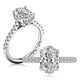 14K white gold oval engagement ring setting with a pave diamond band, shown standing and lying flat
