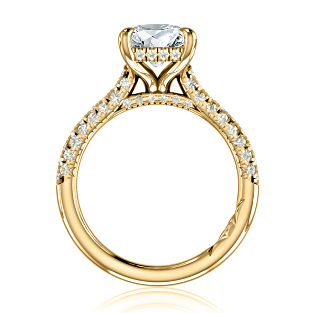 Side view of a 14K yellow gold radiant engagement ring setting with a pave diamond band