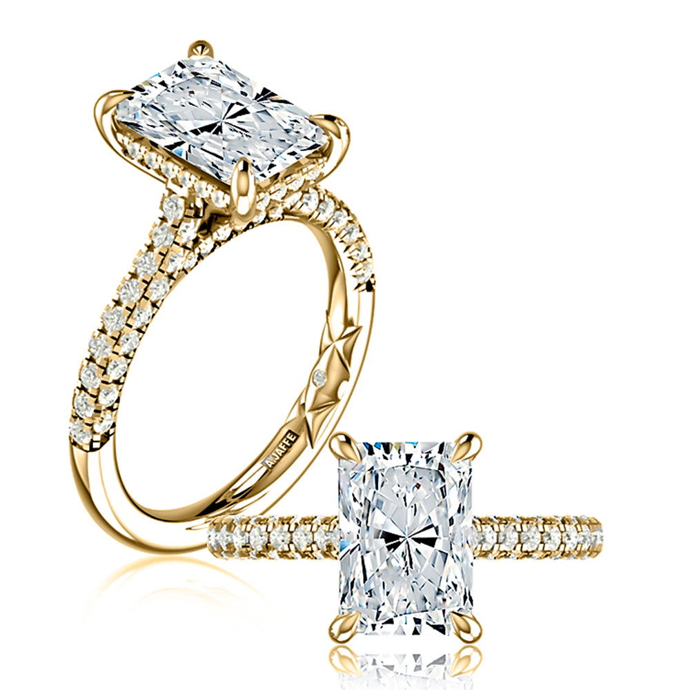 14K yellow gold radiant engagement ring setting with a pave diamond band, shown standing and lying flat