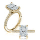 14K yellow gold radiant engagement ring setting with a pave diamond band, shown standing and lying flat