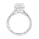 Side view of a 14K white gold elongated radiant engagement ring setting with a pave diamond band