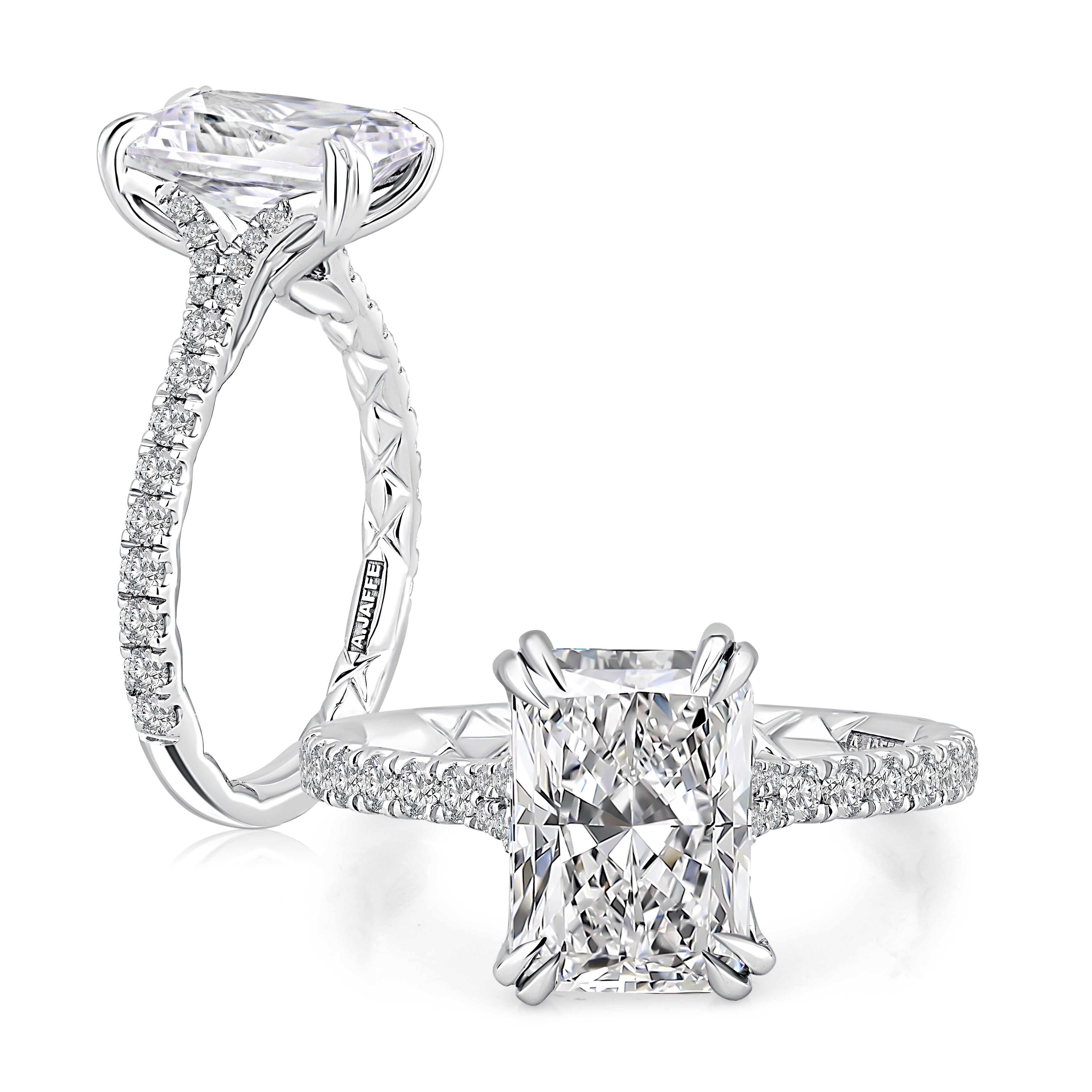 14K white gold elongated radiant engagement ring setting with a pave diamond band, shown standing and lying flat