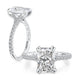 14K white gold elongated radiant engagement ring setting with a pave diamond band, shown standing and lying flat