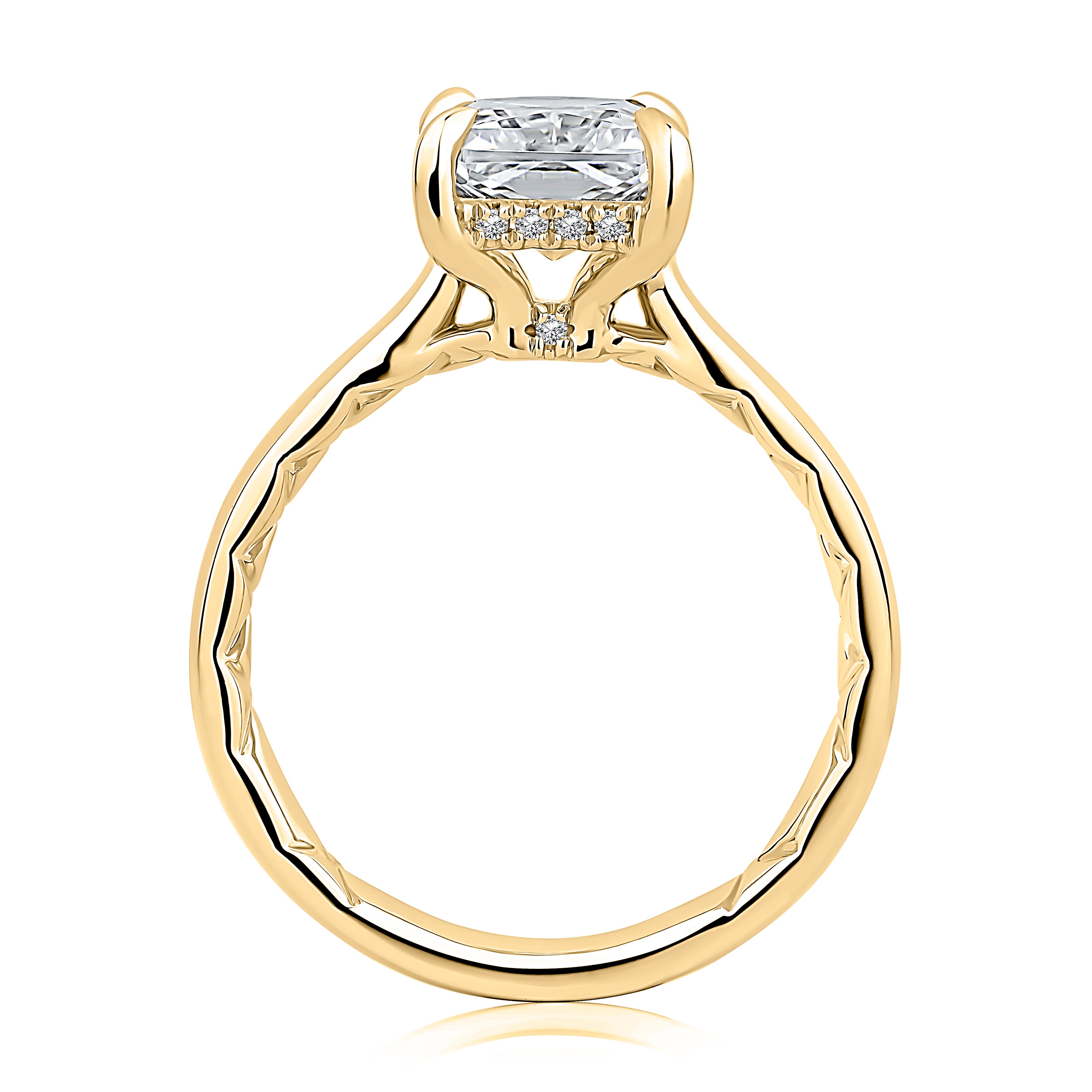 Side view of a 14K yellow gold engagement ring setting showing the hidden halo beneath the center stone