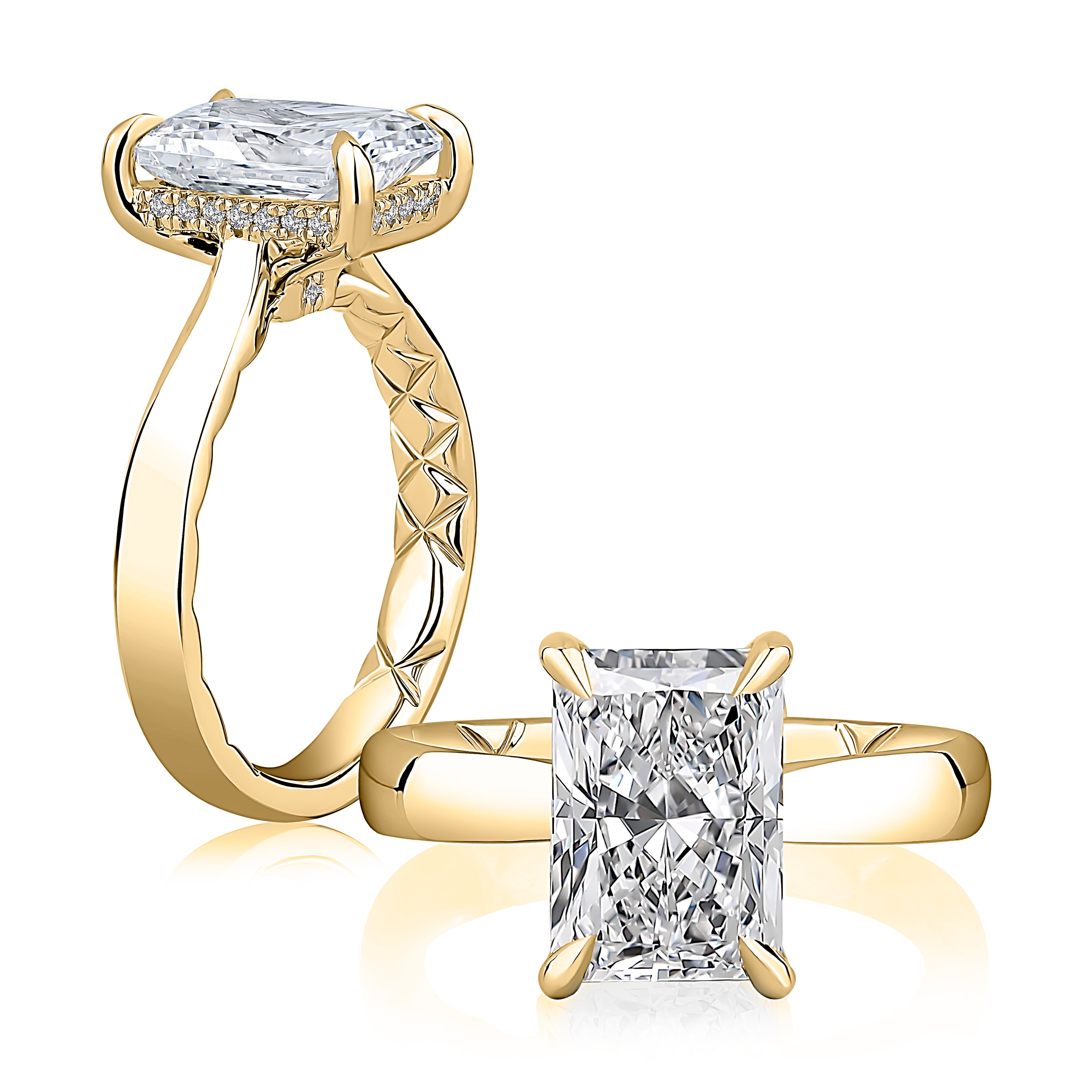 14K yellow gold hidden halo engagement ring setting with an elongated radiant center diamond, shown standing and lying flat
