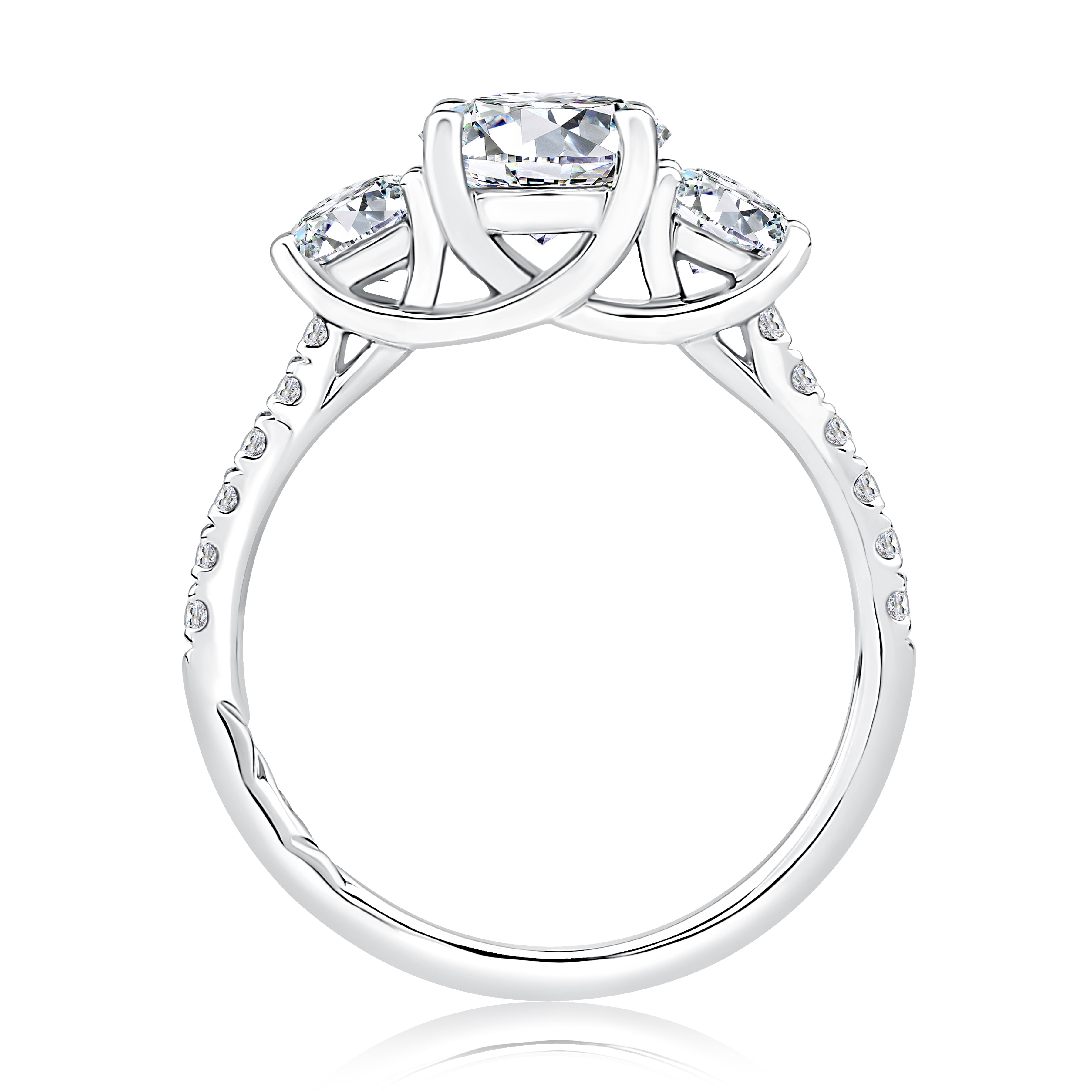 Side view of a 14K white gold three-stone engagement ring setting with a pave diamond band
