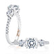 14K white gold three-stone engagement ring setting with a pave diamond band, shown standing and lying flat