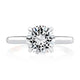 Top view of a 14K white gold four-prong solitaire engagement ring with a round center diamond