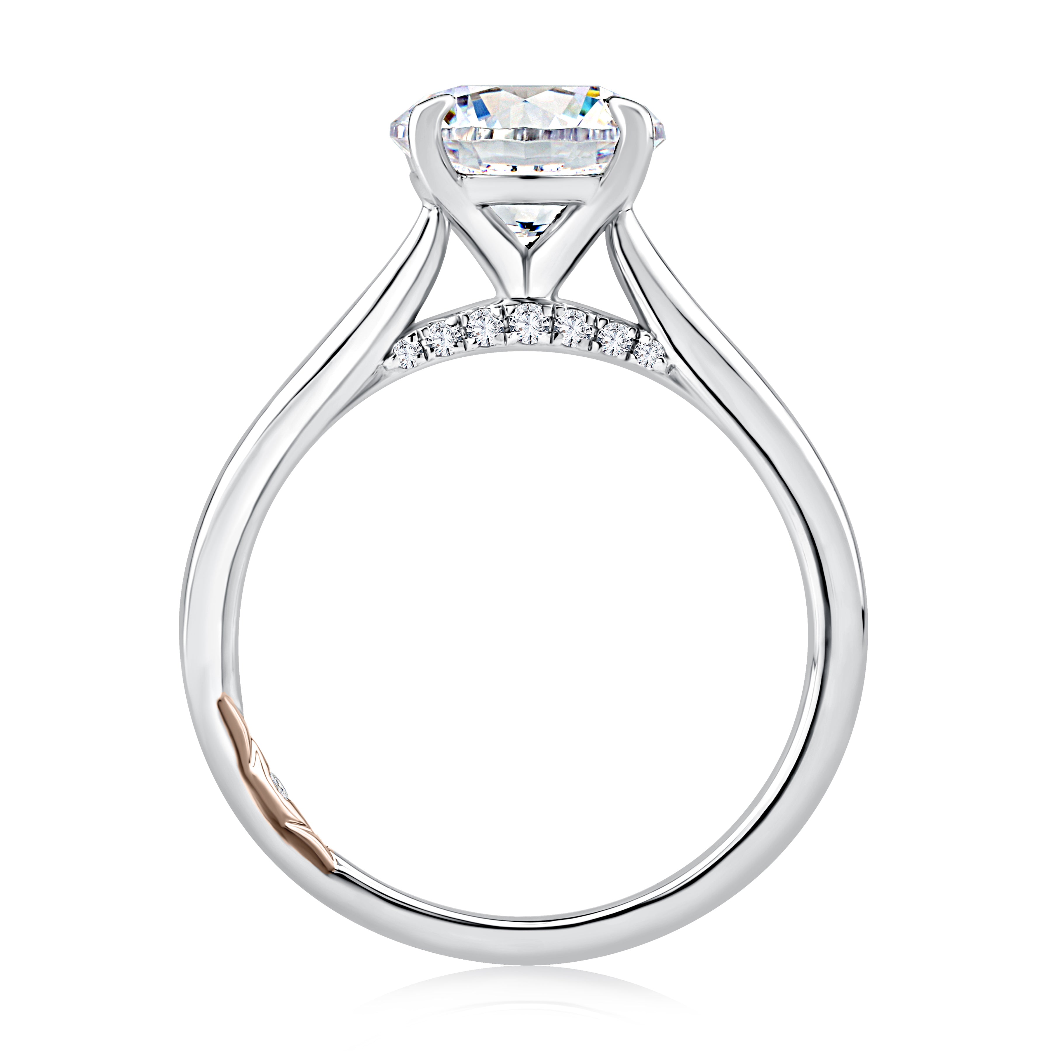Side view of a 14K white gold solitaire engagement ring showing the small diamonds under the center stone