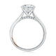 Side view of a 14K white gold solitaire engagement ring showing the small diamonds under the center stone