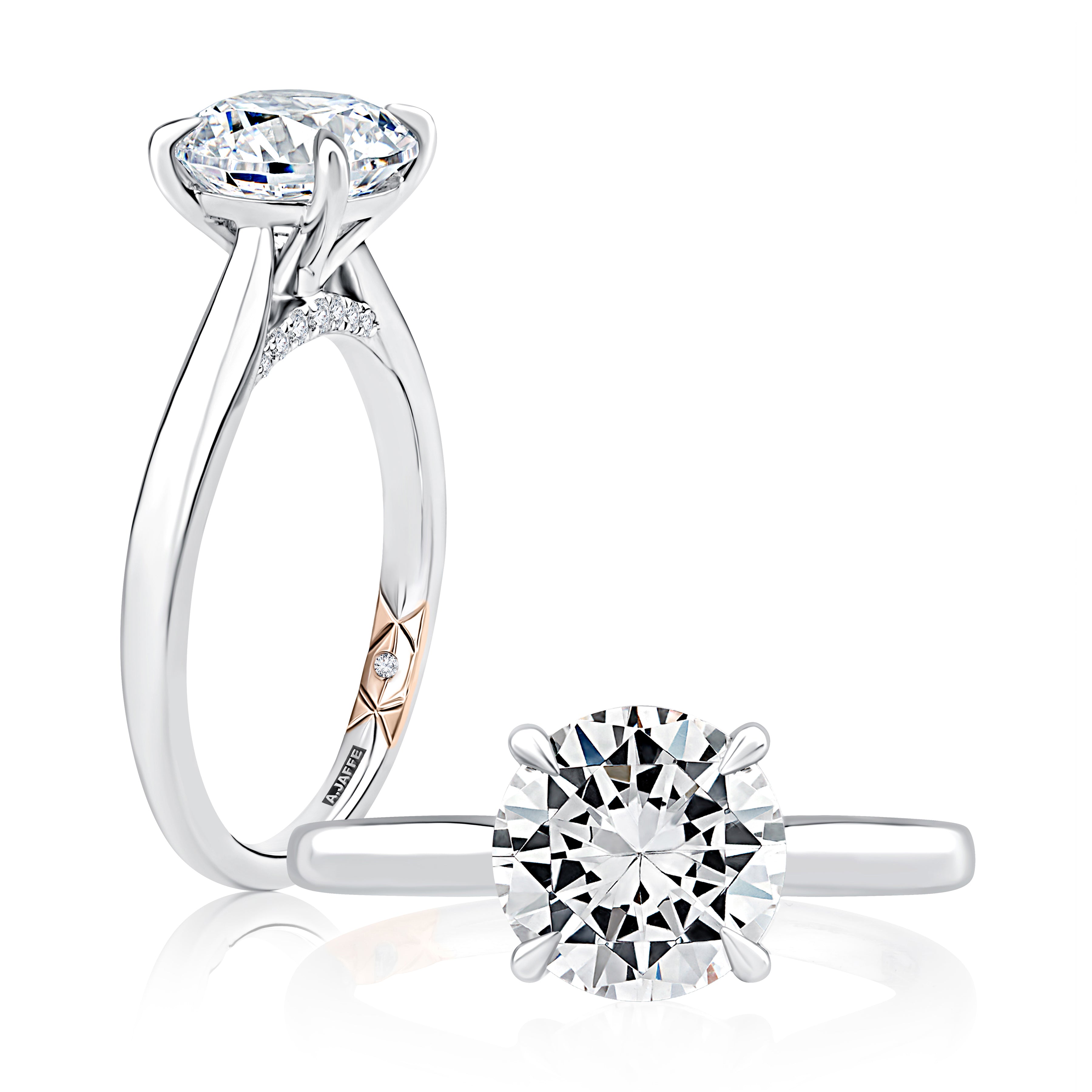 14K white gold solitaire engagement ring setting with peek-a-boo diamonds, shown standing and lying flat