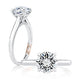14K white gold solitaire engagement ring setting with peek-a-boo diamonds, shown standing and lying flat