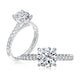 14K white gold engagement ring setting with a pave diamond band and a round center diamond, shown standing and lying flat